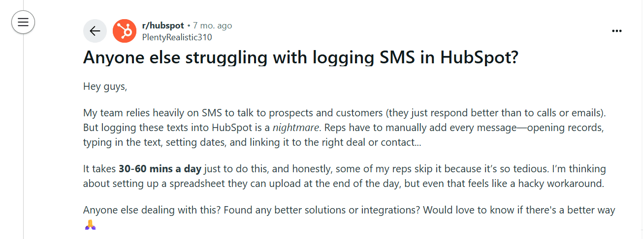 HubSpot SMS integration question on Reddit