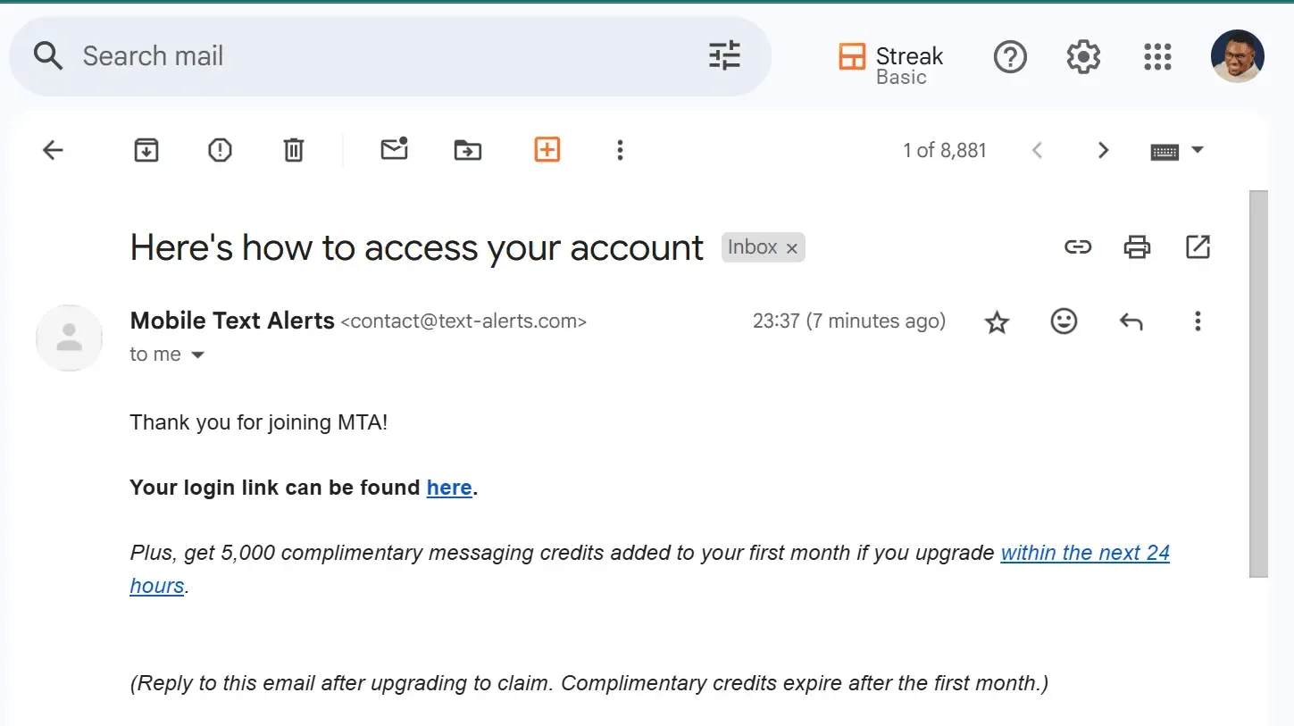Mobile Text Alerts welcome email