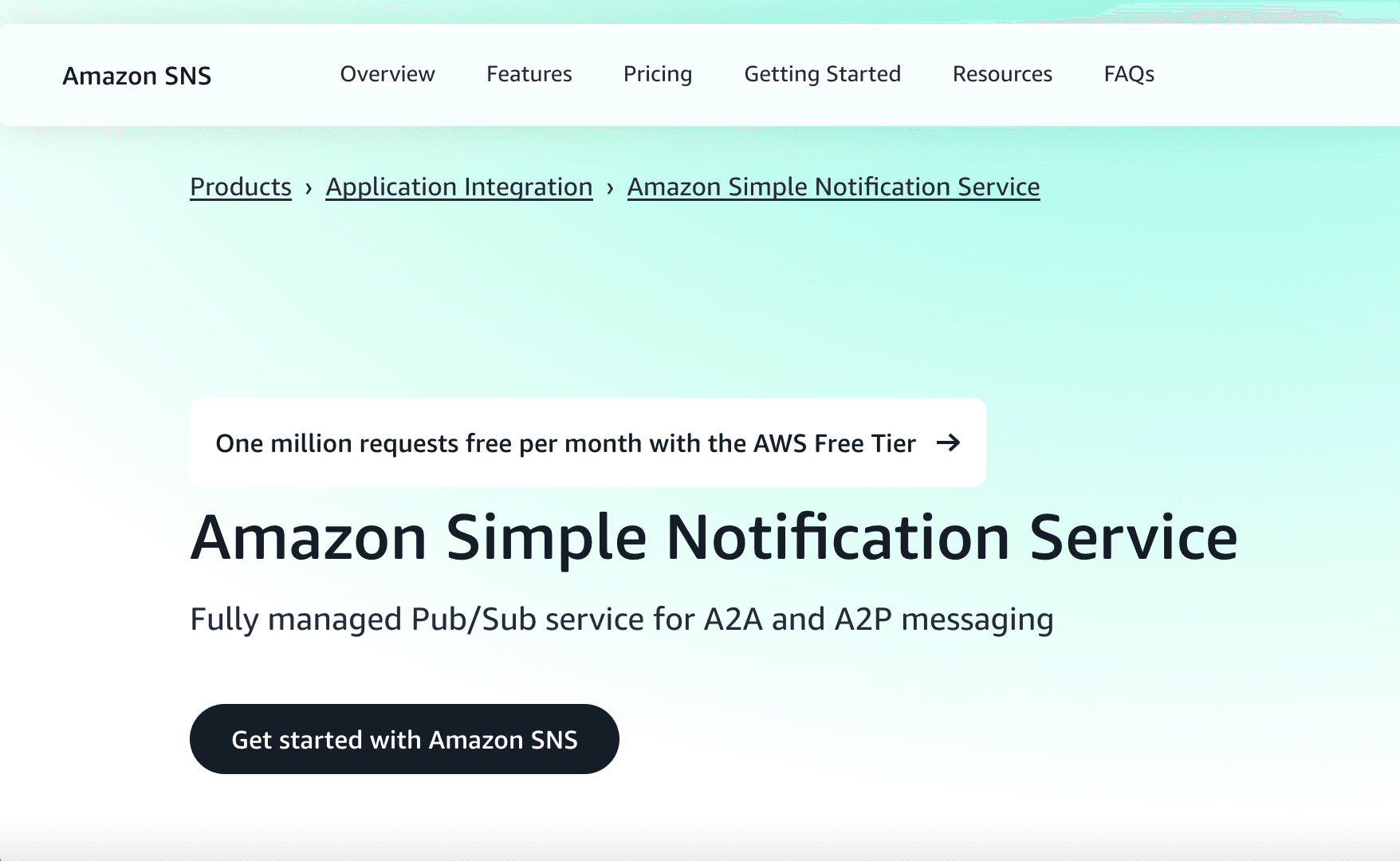 Screenshot of Amazon SNS page