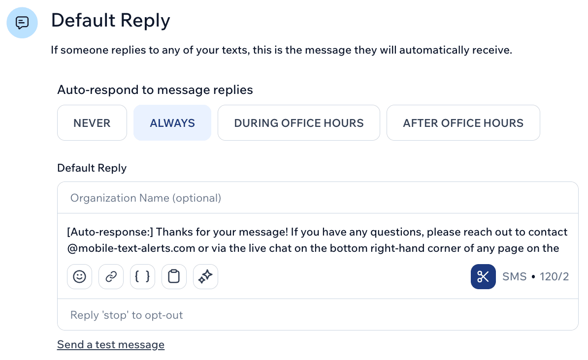 Screenshot showing setting up an automated reply in Mobile Text Alerts