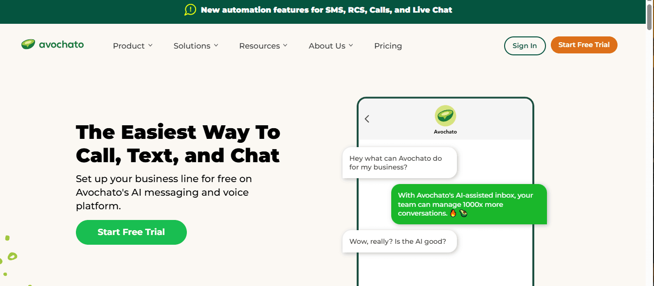 Screenshot of Avochato home page