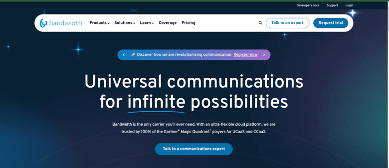 Screenshot of Bandwidth home page