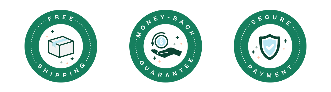 graphic showcasing badges for secure payment money-back guarantees, and free shipping
