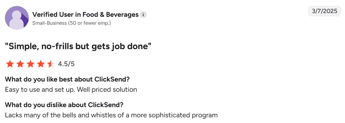 Screenshot of G2 review of ClickSend