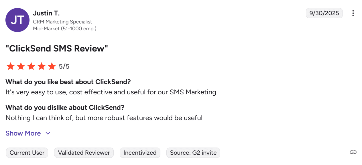 Screenshot of G2 review of ClickSend 