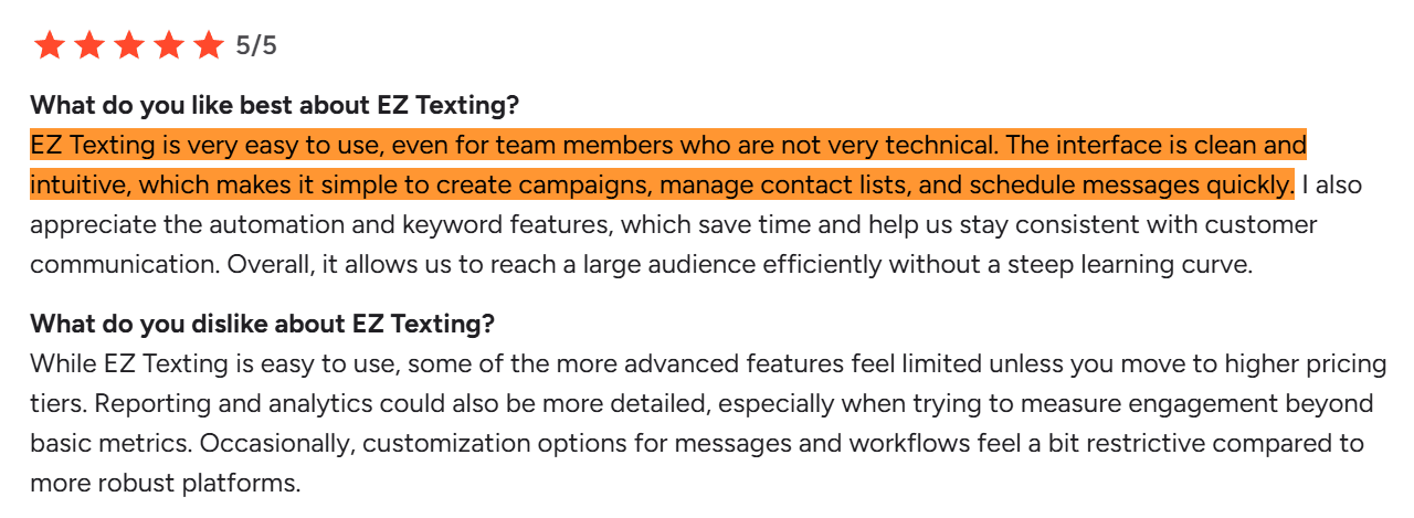  Review highlighting EZ Texting's 5-star ease of use and simple interface