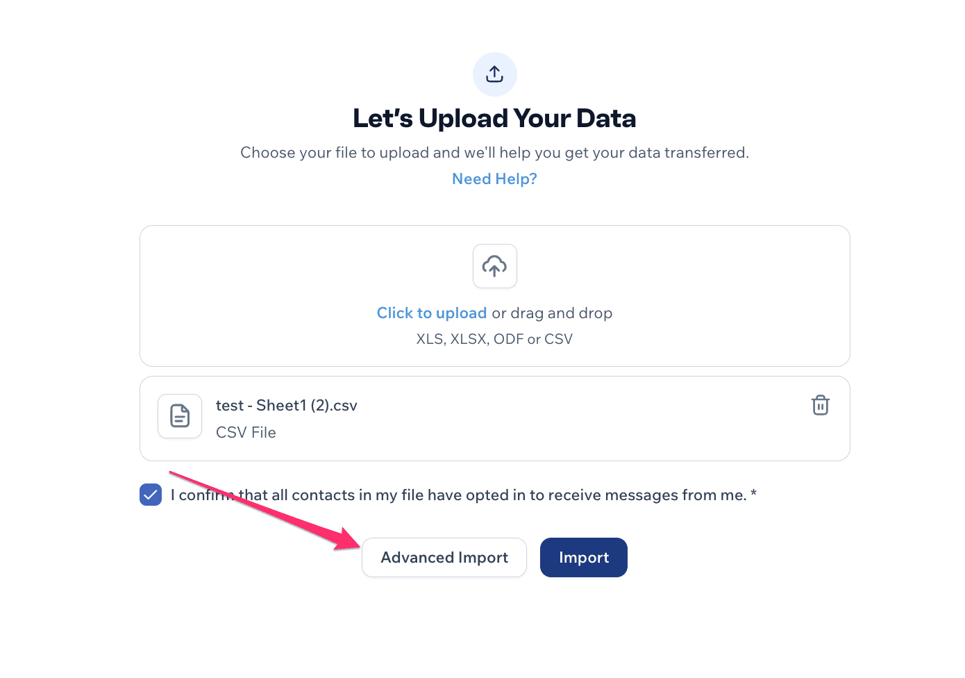 Screenshot of the advanced import option in the Mobile Text Alerts dashboard