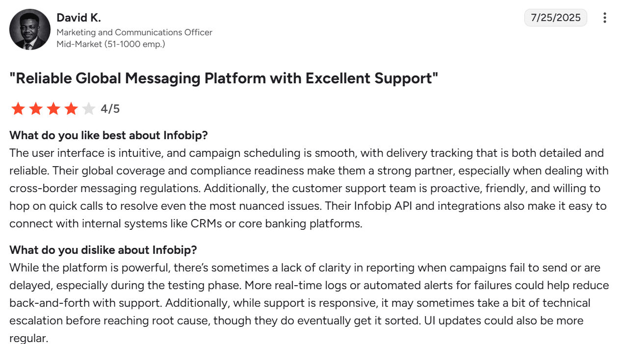 Screenshot of G2 review of Infobip