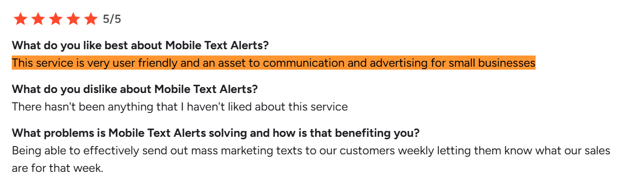  5/5 review calling Mobile Text Alerts a user-friendly asset for business