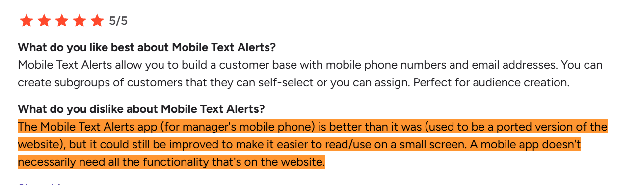  5-star review highlighting customer subgroup creation features
