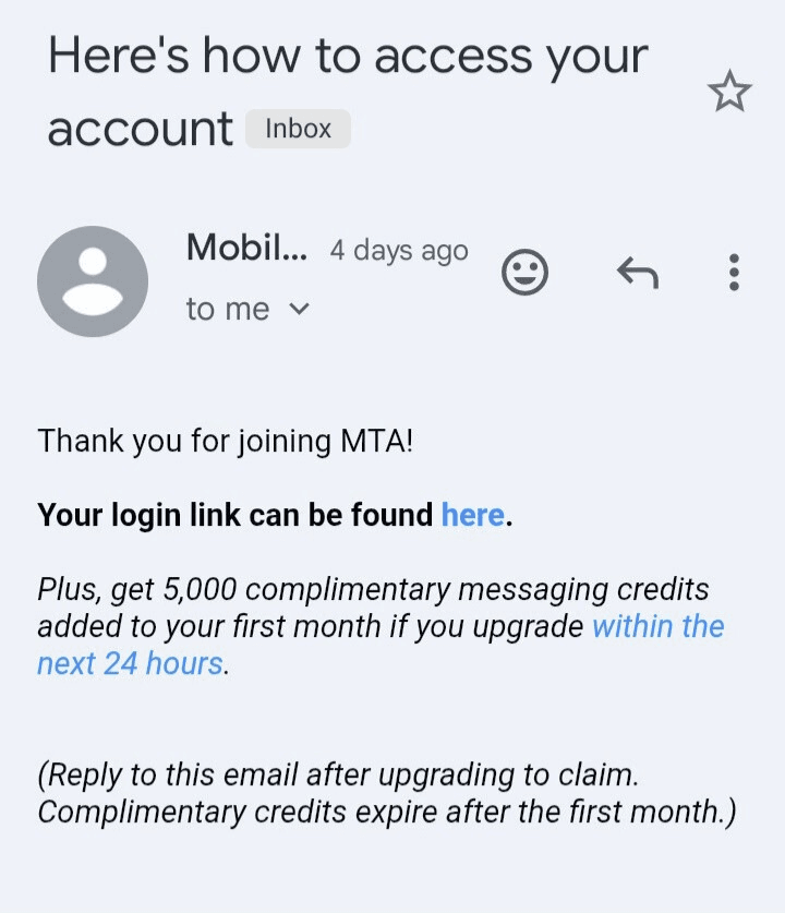 Screenshot of welcome email for Mobile Text Alerts