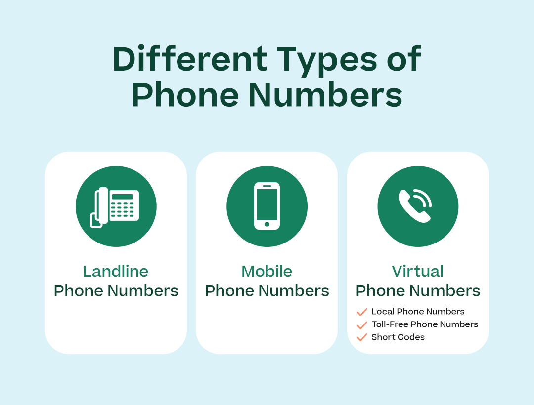 Different Types of Phone Numbers” with each of the subheadings below (and including the bolded text under the Virtual Phone Numbers subheading, showing phone icons