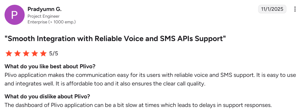 Screenshot of G2 review of Plivo