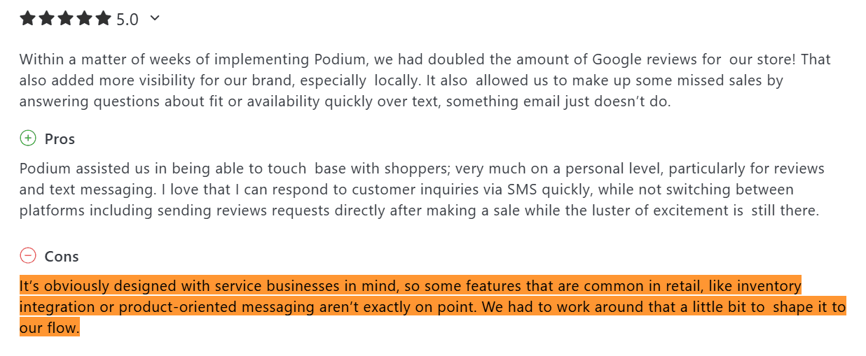 Review noting Podium's high cost and complex onboarding process
