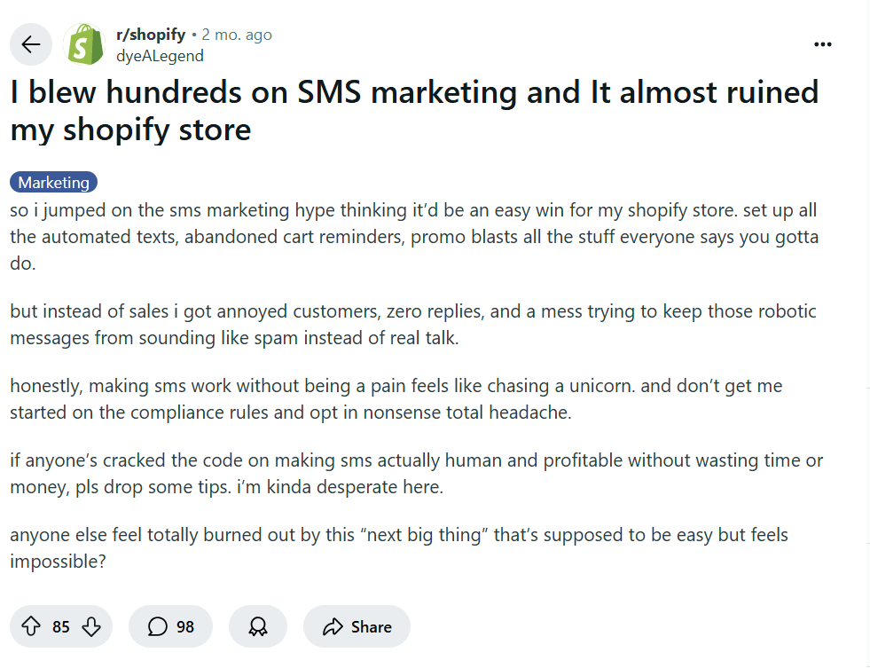 Reddit thread about SMS marketing