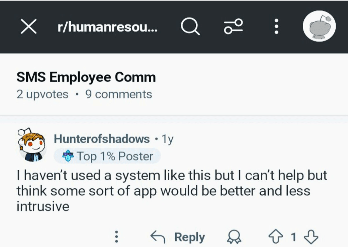 Screenshot of Reddit user expressing concern about using SMS for employee communication
