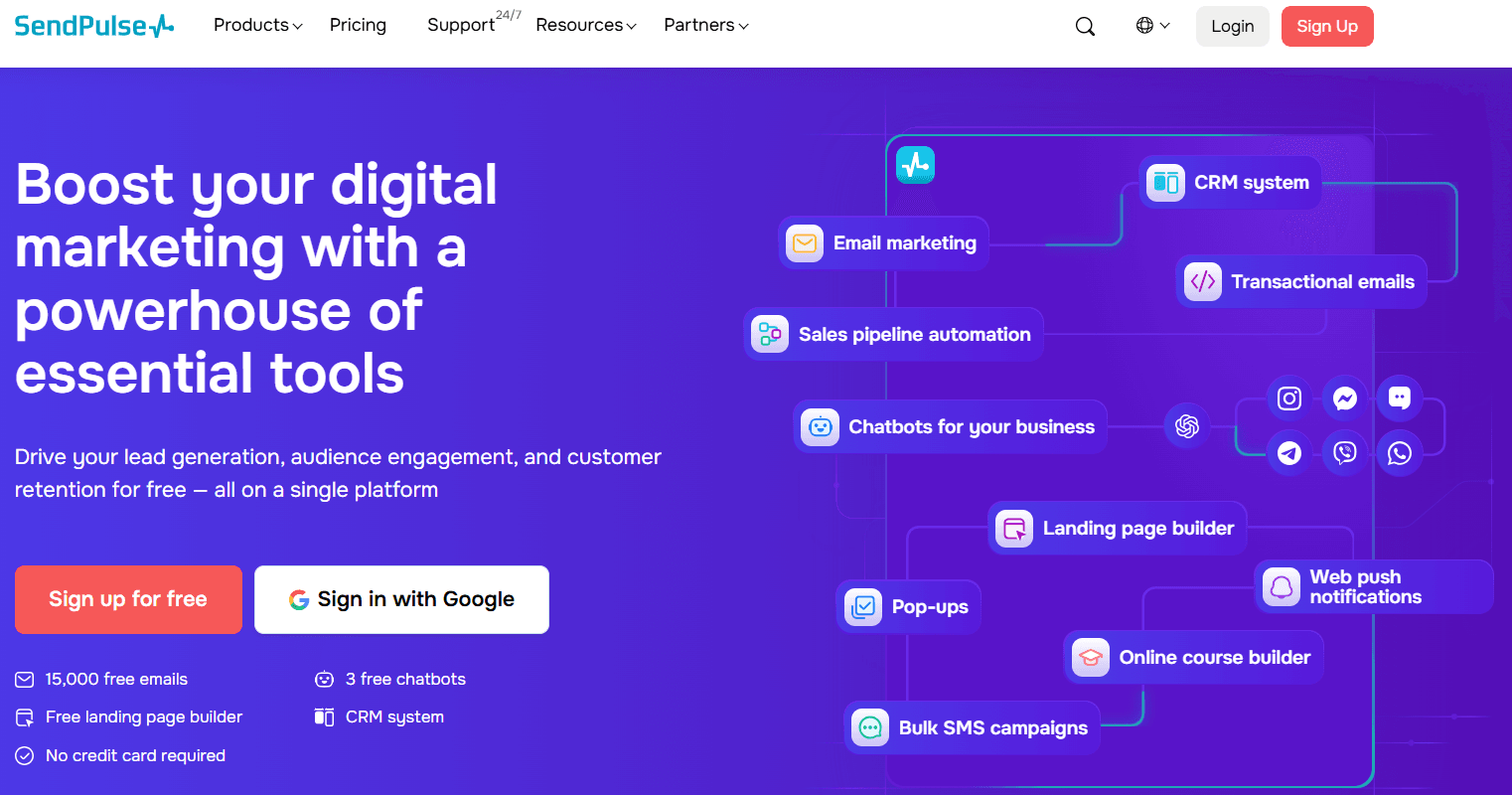 Screenshot of SendPulse home page
