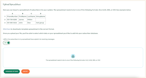 Screenshot of upload spreadsheet page