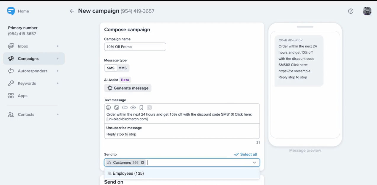 SimpleTexting message sending example
