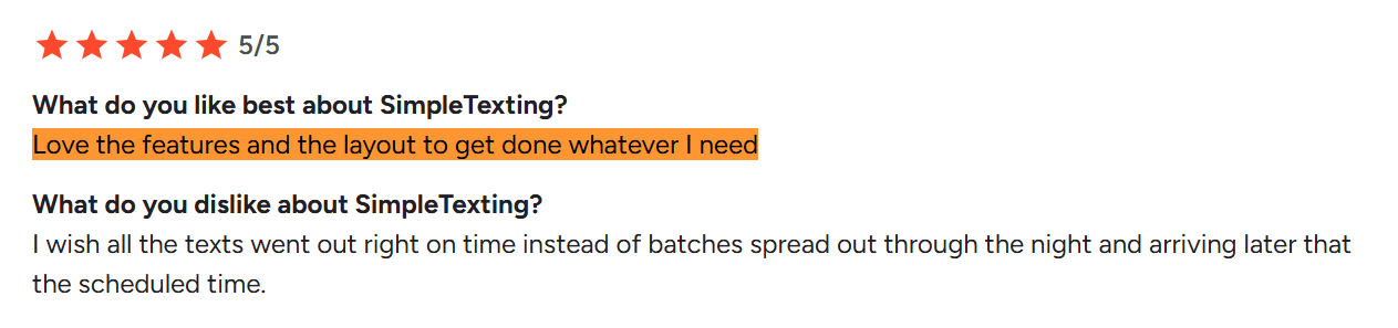 Screenshot of a 5/5 review praising SimpleTexting's layout and tools
