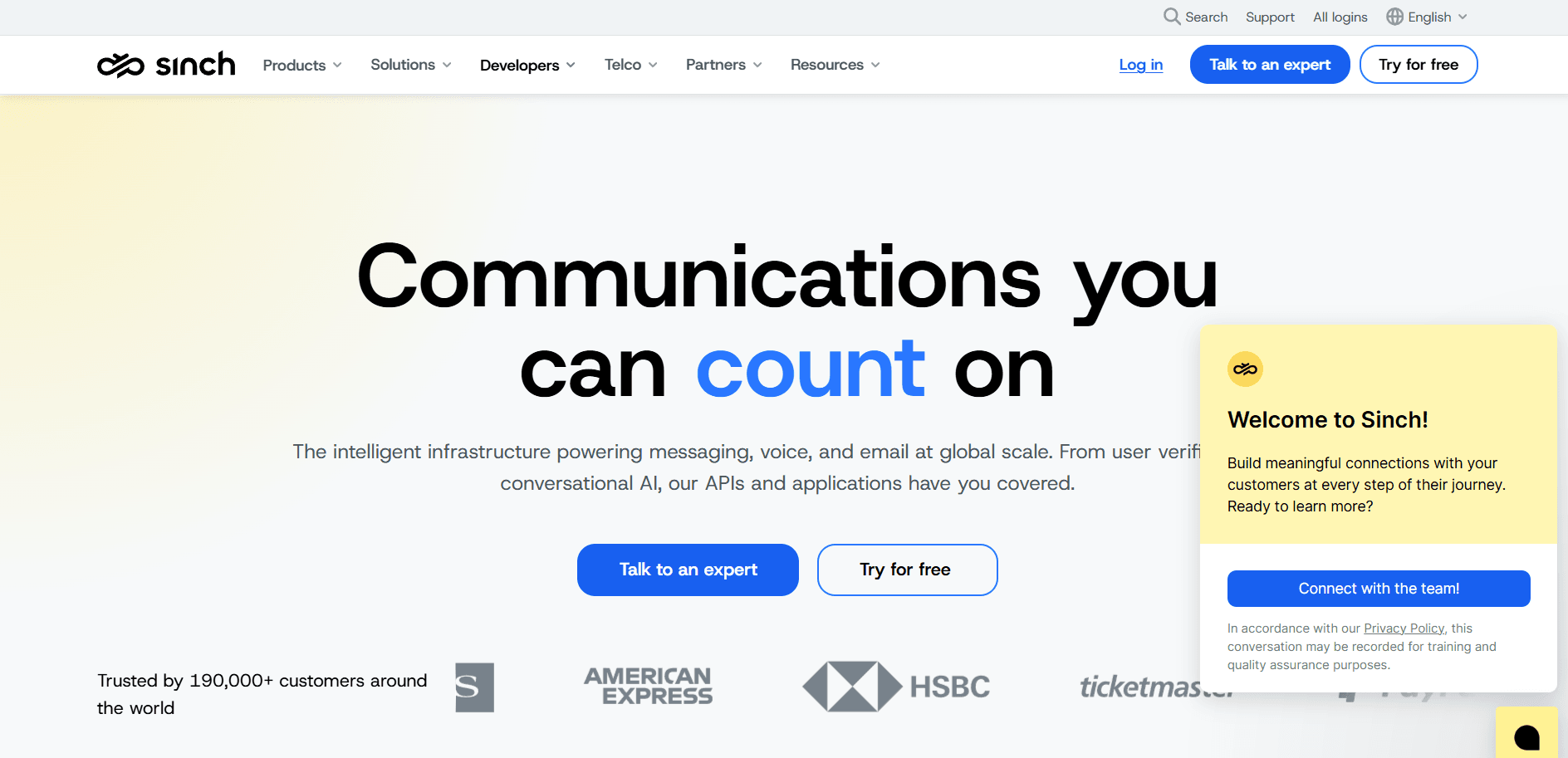 Screenshot of Sinch home page