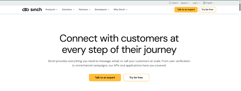 Screenshot of Sinch home page