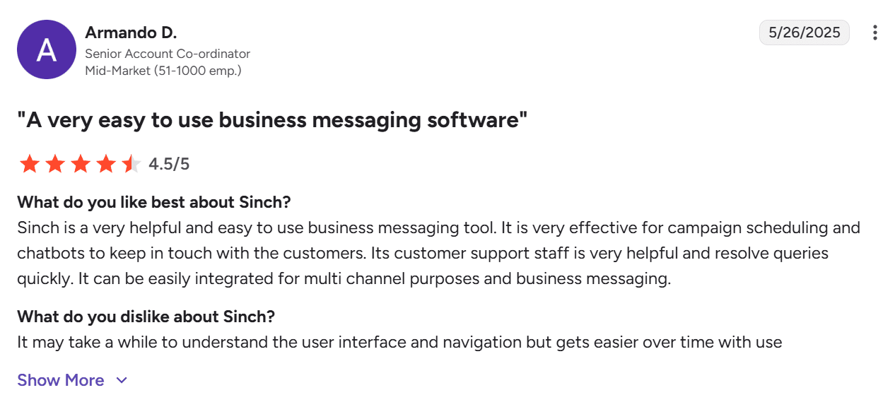 Screenshot of G2 review for Sinch