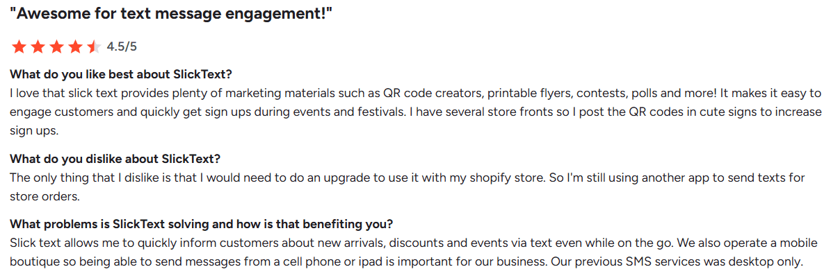 Screenshot of SlickText review from G2