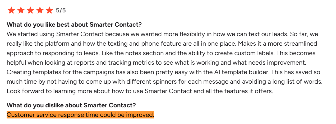 Smarter Contact review mentioning slows system speed and support delays