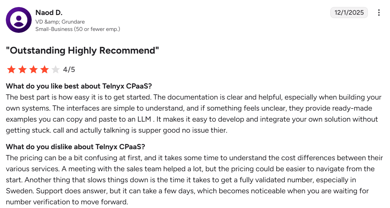 Screenshot of G2 review for Telnyx