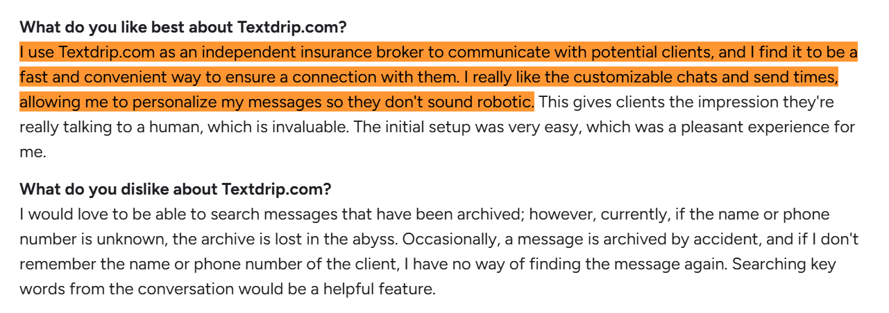 Review from an insurance broker praising Textdrip's easy setup and chats
