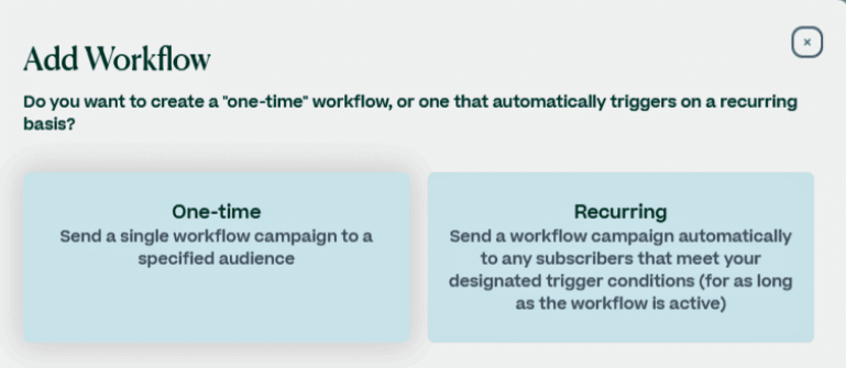 Screenshot of workflow options in Mobile Text Alerts dashboard