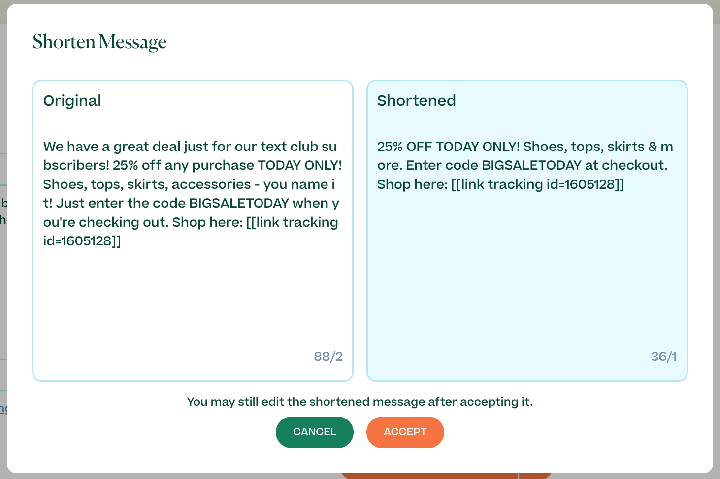 Screenshot of mobile text alerts ai shorten message feature