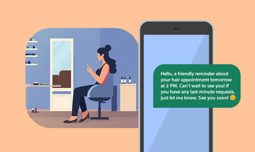 cartoon representation of hair stylist sending SMS to a client