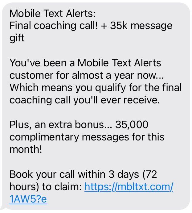 Screenshot of text message offering complimentary messages for booking a call