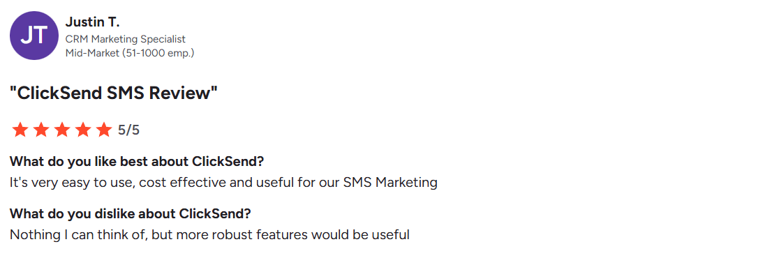 Screenshot of ClickSend review from G2