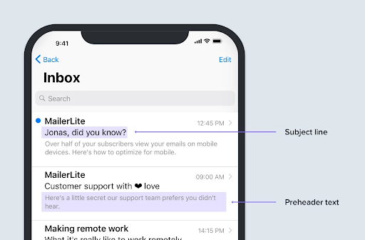 Email inbox on mobile phone