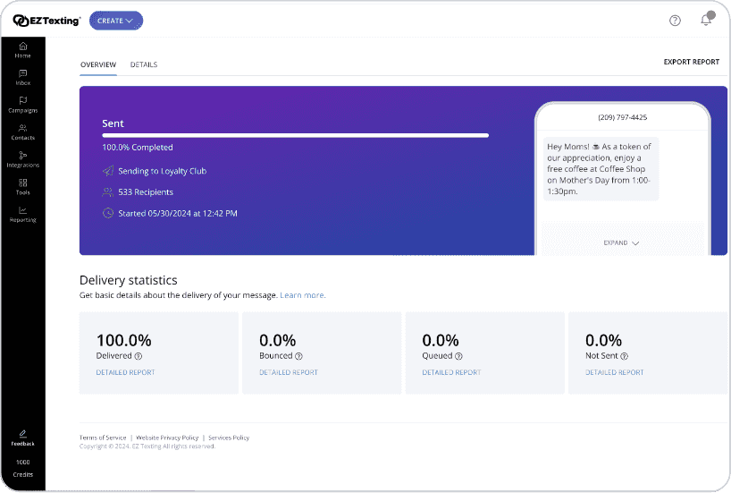 Screenshot of EZ Texting dashboard