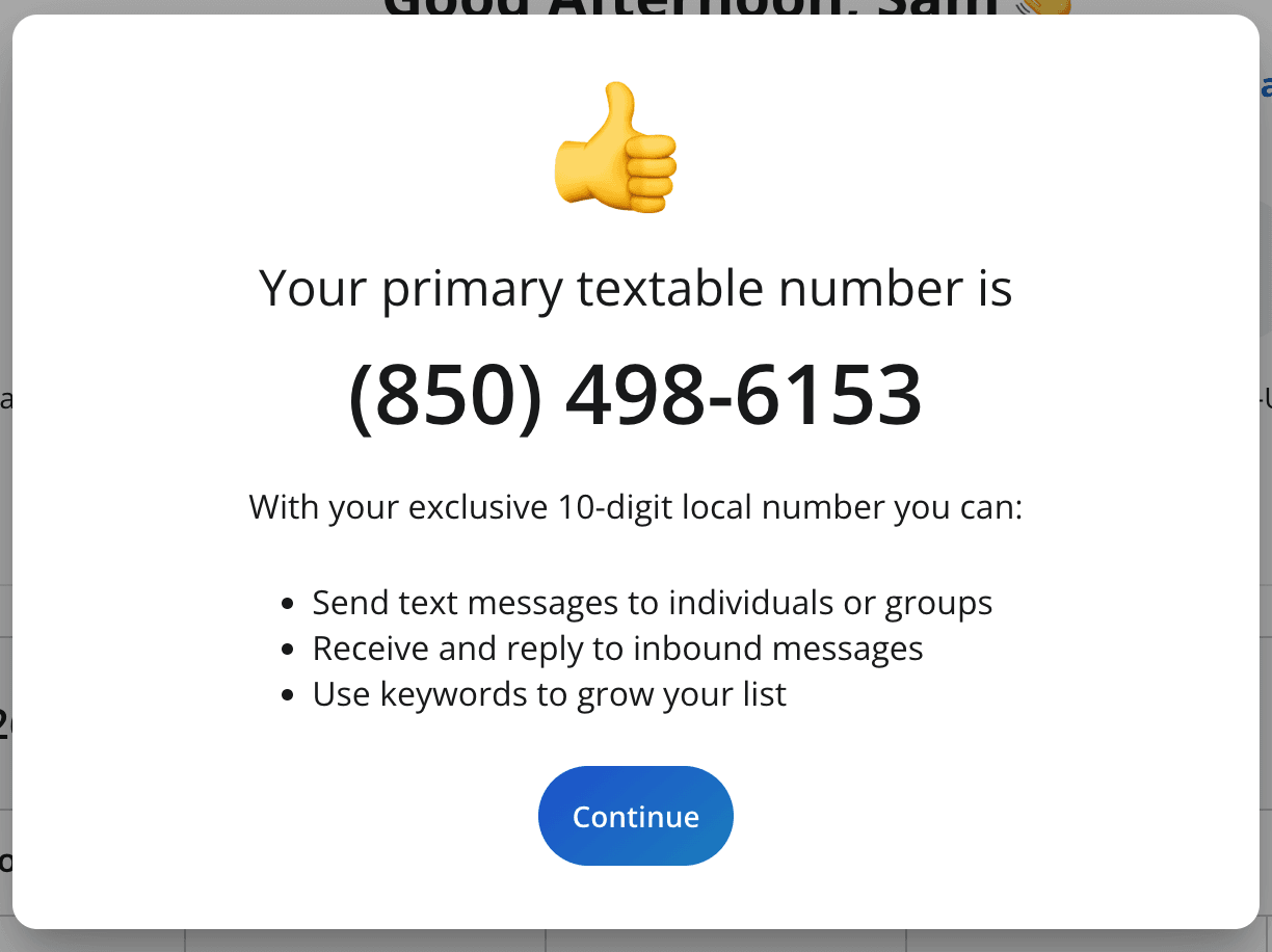 Screenshot of EZ Texting number registration process