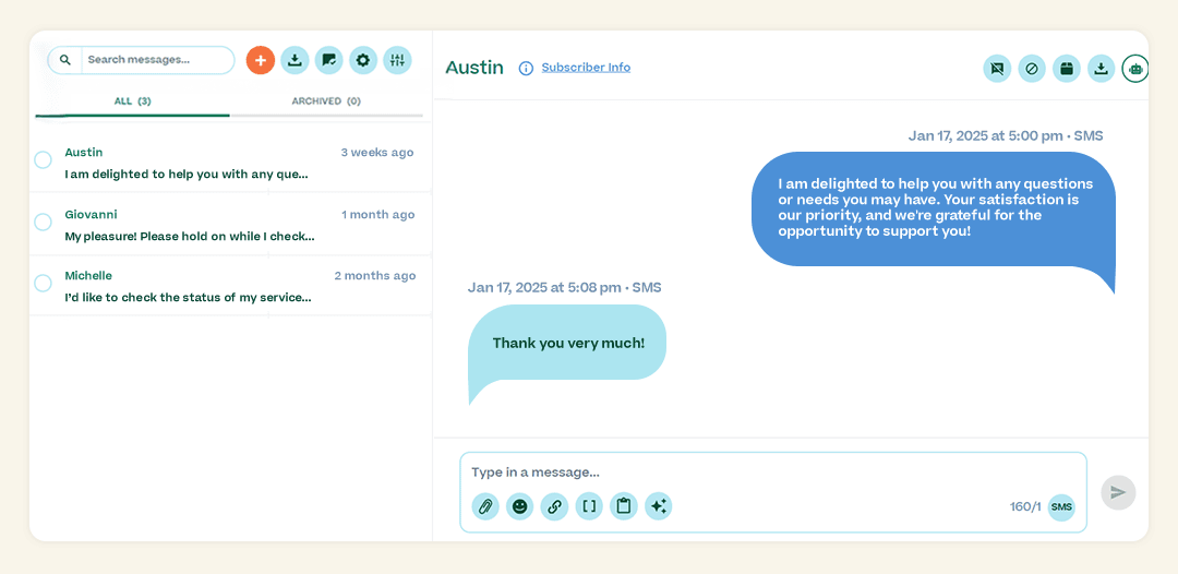 Screenshot of Mobile Text Alerts inbox