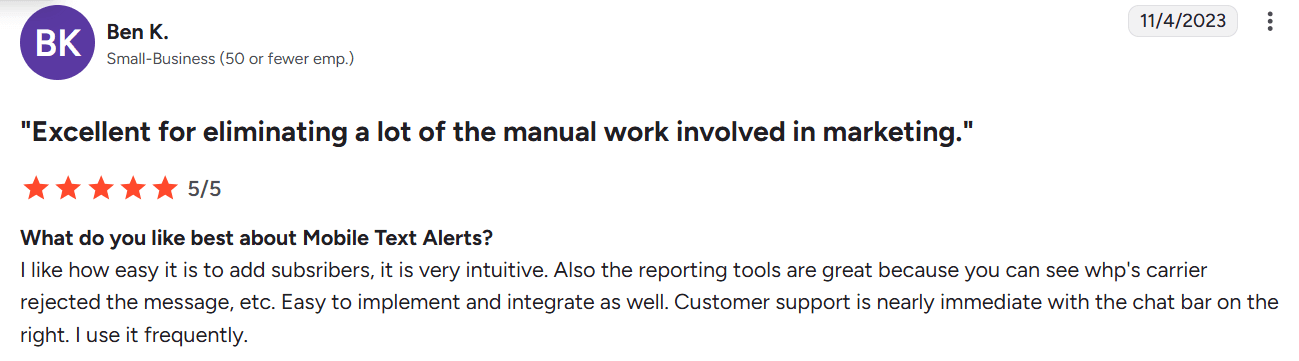 Screenshot of G2 review of Mobile Text Alerts