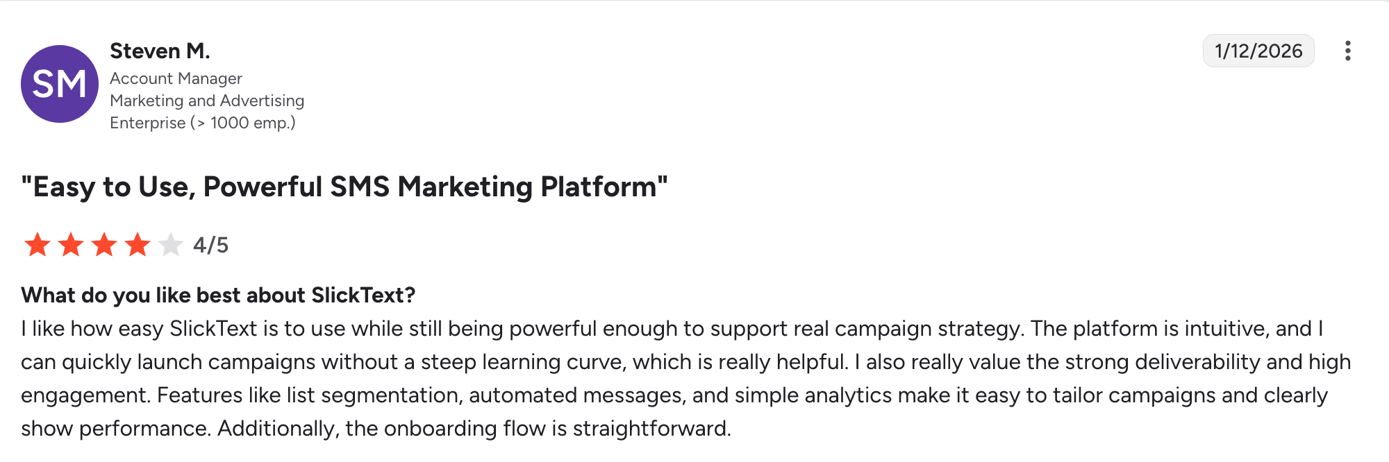 Screenshot of SlickText review from G2