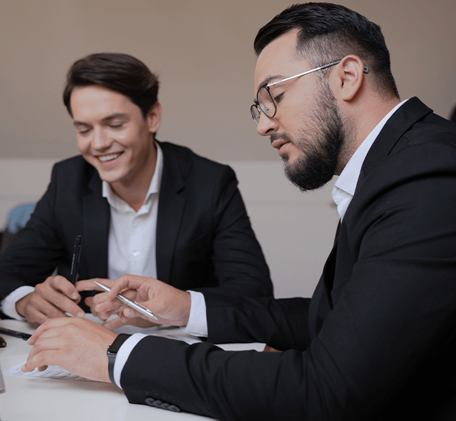 Happy business people talking