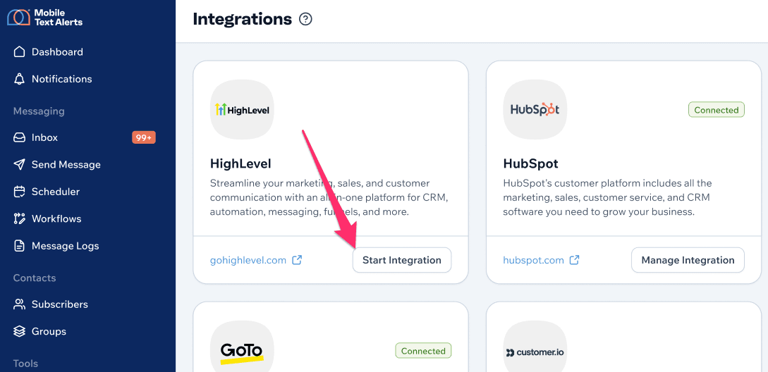 Screenshot of HighLevel SMS integration sync button