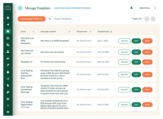 Screenshot of message templates page