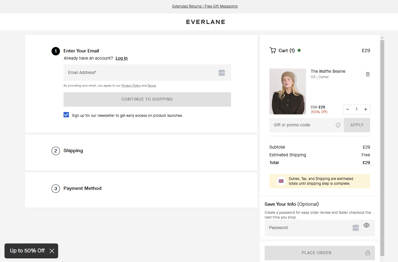 Cart checkout for Everlane