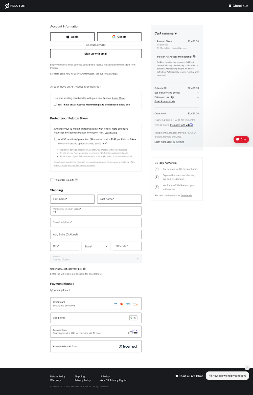 Form to sign up for an account with Peloton