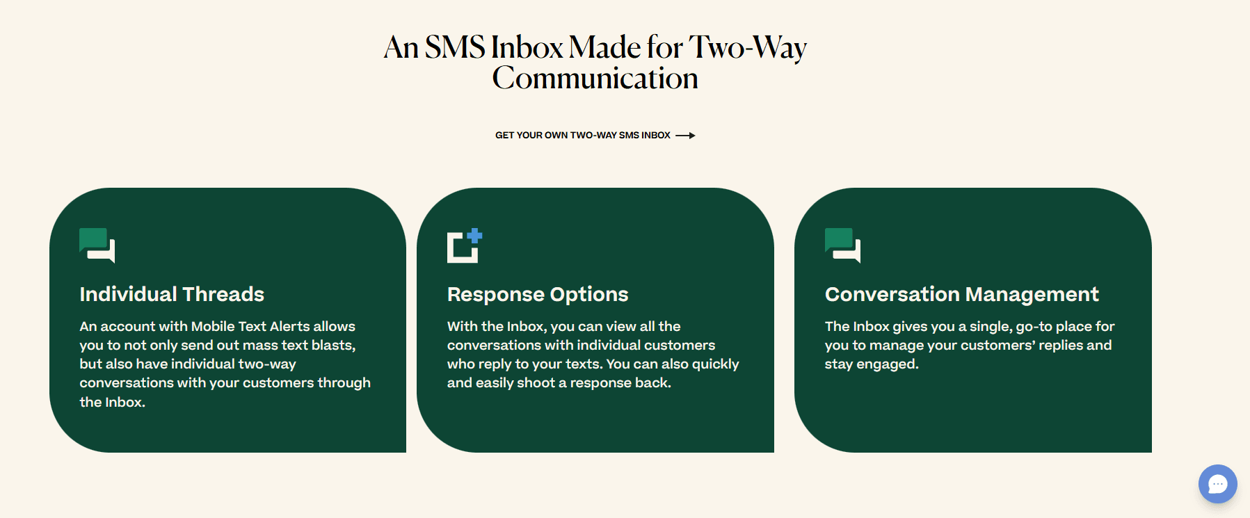 Mobile Text Alerts SMS inbox features displayed in three sections on dark green background