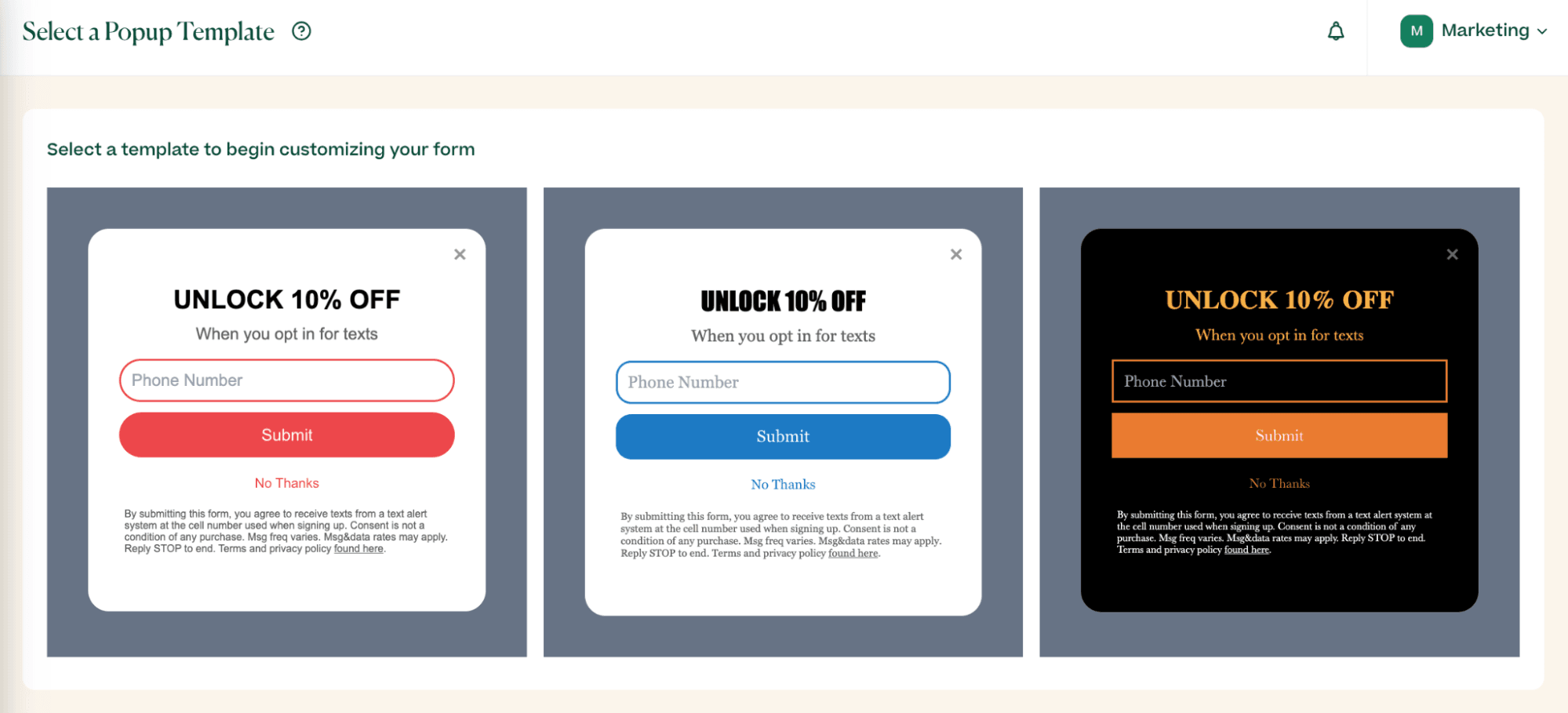 Screenshot of choosing an opt-in form layout in the Mobile Text Alerts dashboard