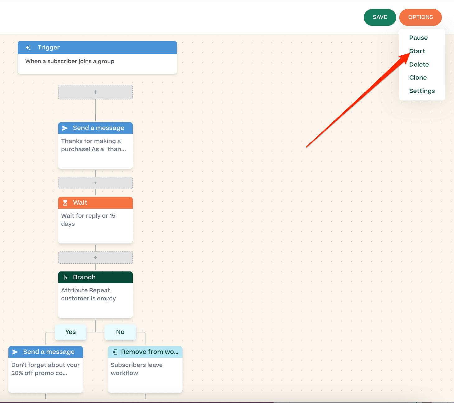 Screenshot showing how to start an SMS workflow in the Mobile Text Alerts dashboard
